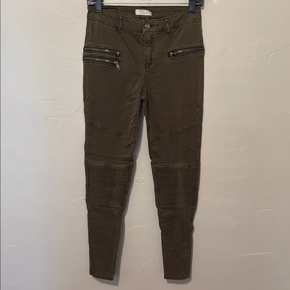 Elan Dark Olive Skinny Jeans with Zipper Details Small